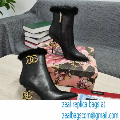 Dolce  &  Gabbana Mink Fur Thin Heel 10.5cm Leather Ankle Boots Black with Baroque DG Heel 2021